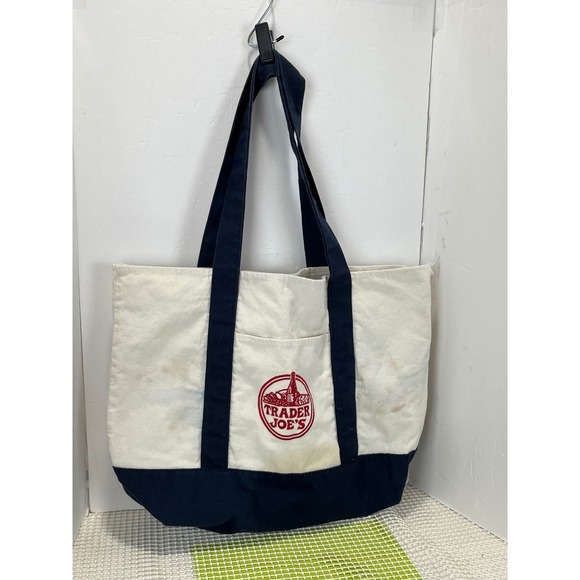 Trader Joe's Canvas Tote Bag Navy Blue Cream Embroidered Logo Reusable - Picture 2 of 9